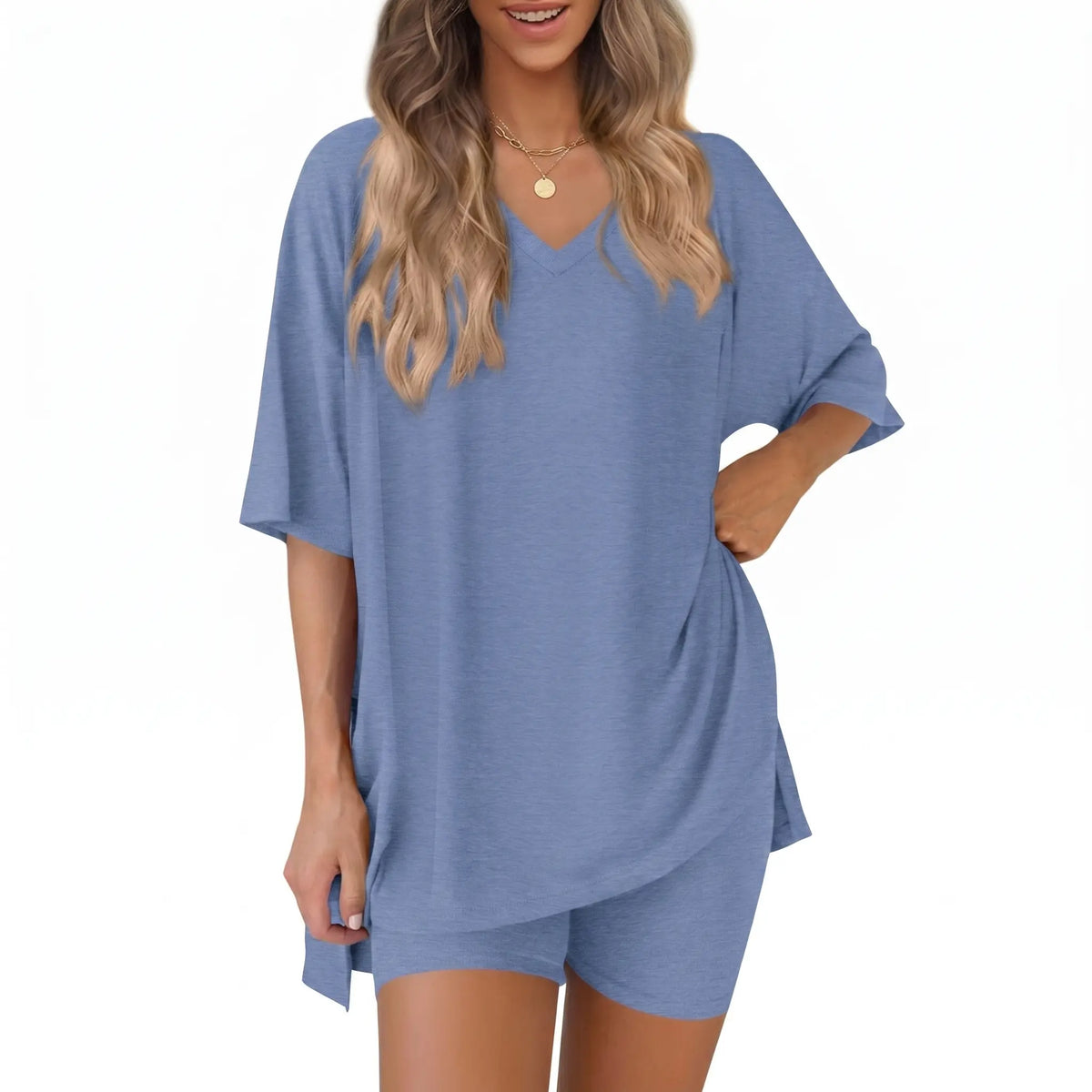 Women's 2 Piece Outfits Summer V Neck Oversized Short Sleeve T Shirt and Biker Shorts Lounge Sets Casual Activewear Tracksuits