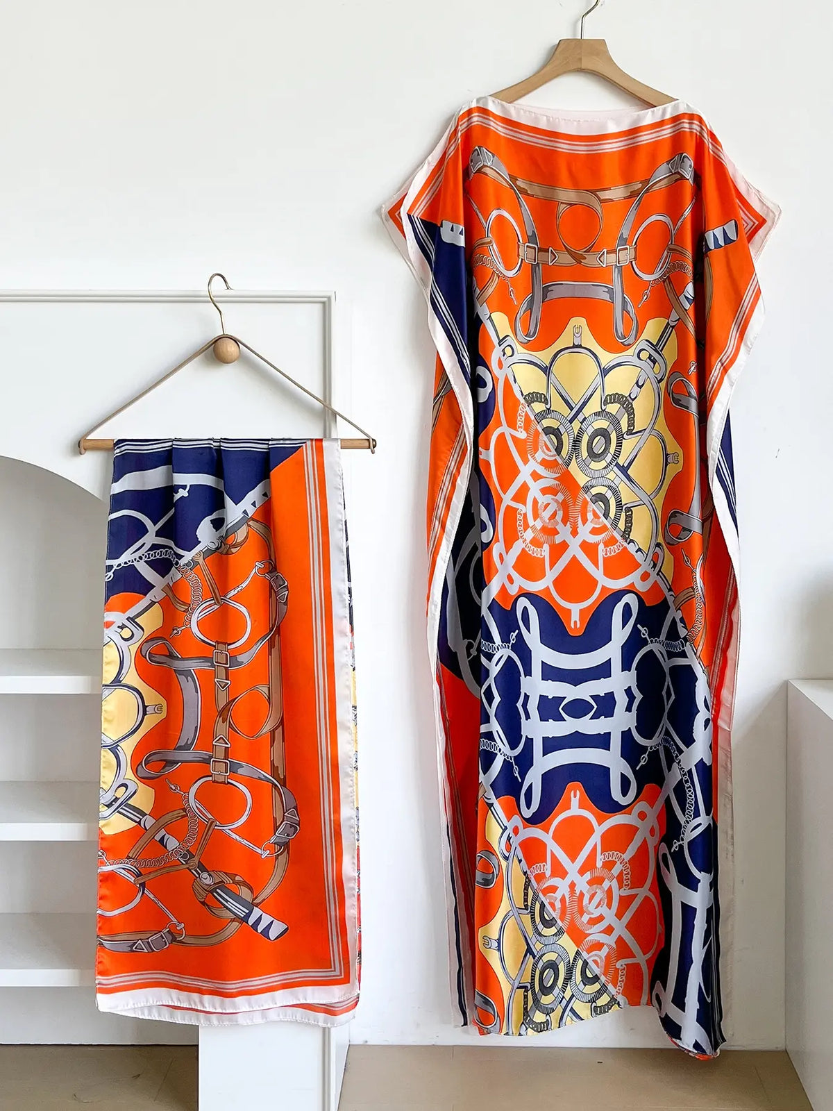 Elegant Dopamine Color Set, Boho Summer Chain Print Muumuu Long Dress Robe, Women's Sun Protection Satin Scarf Shawl