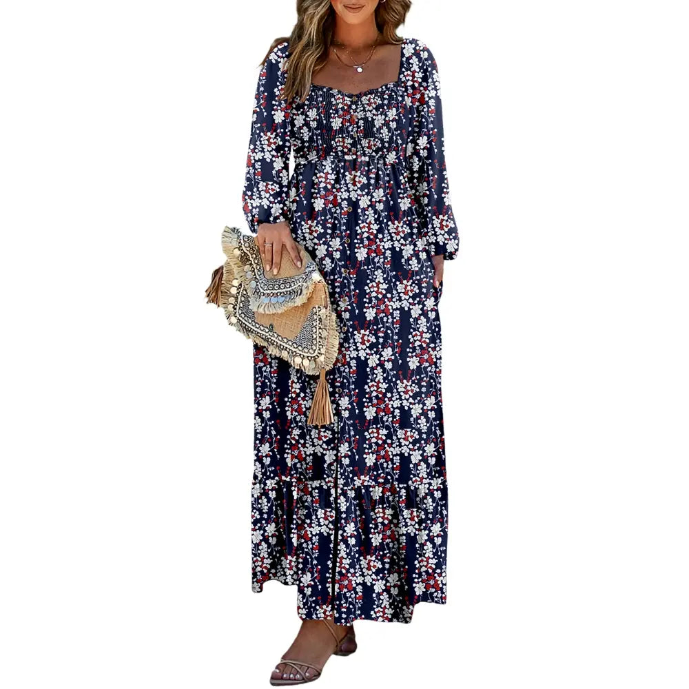 Dokotoo Womens Dresses Boho Floral Smocked Empire Waist Square Neck Long Sleeve Button Maxi Dress Beach Vacation Sundresses