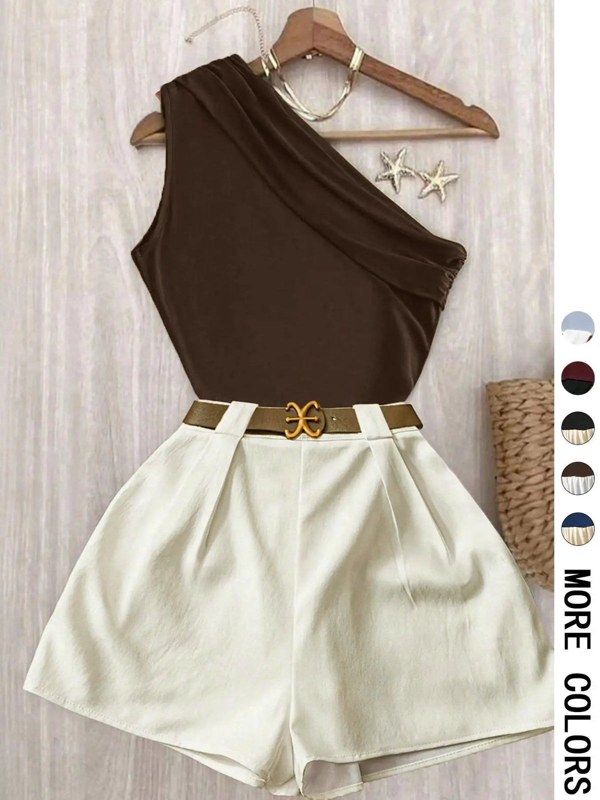 Contrast One-Shoulder Top & Pleated Shorts Matching Set - Ideal for Date Nights, Vacations & Brunch | Comfortable Two-Piece Set, Quiet Luxury Aesthetic - Trendy Baddie Outfit for Office & Going Out | Viral （No Belt） Office Wear