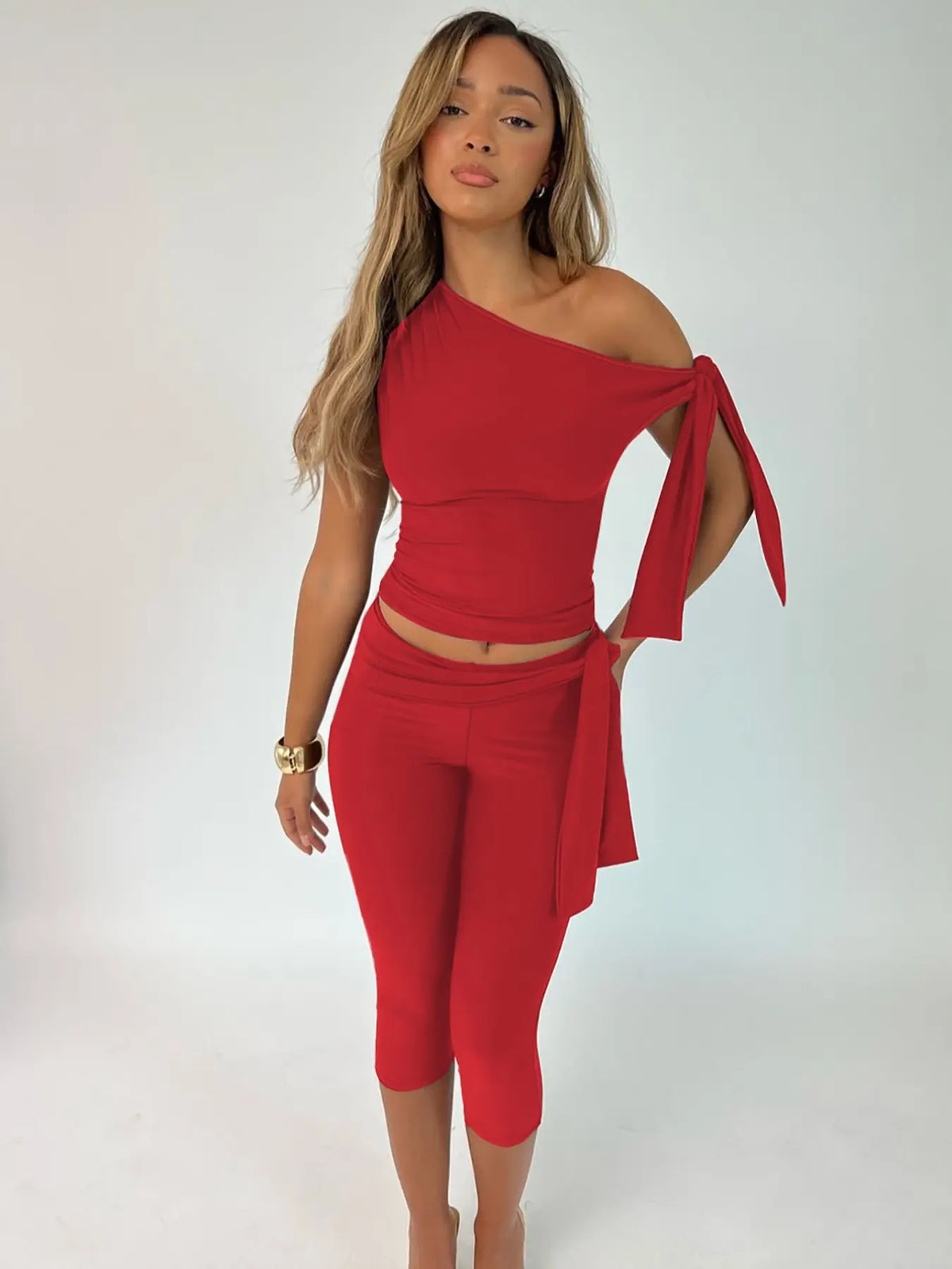 Women's Solid Asymmetrical Neck Knot Design Sleeveless Top & High-Waist Capri Pants Two-Piece Outfit, Elegant Chic Fashion Ruched Top & Skinny Trousers for Daily Outdoor Wear, Ladies' Summer Clothes