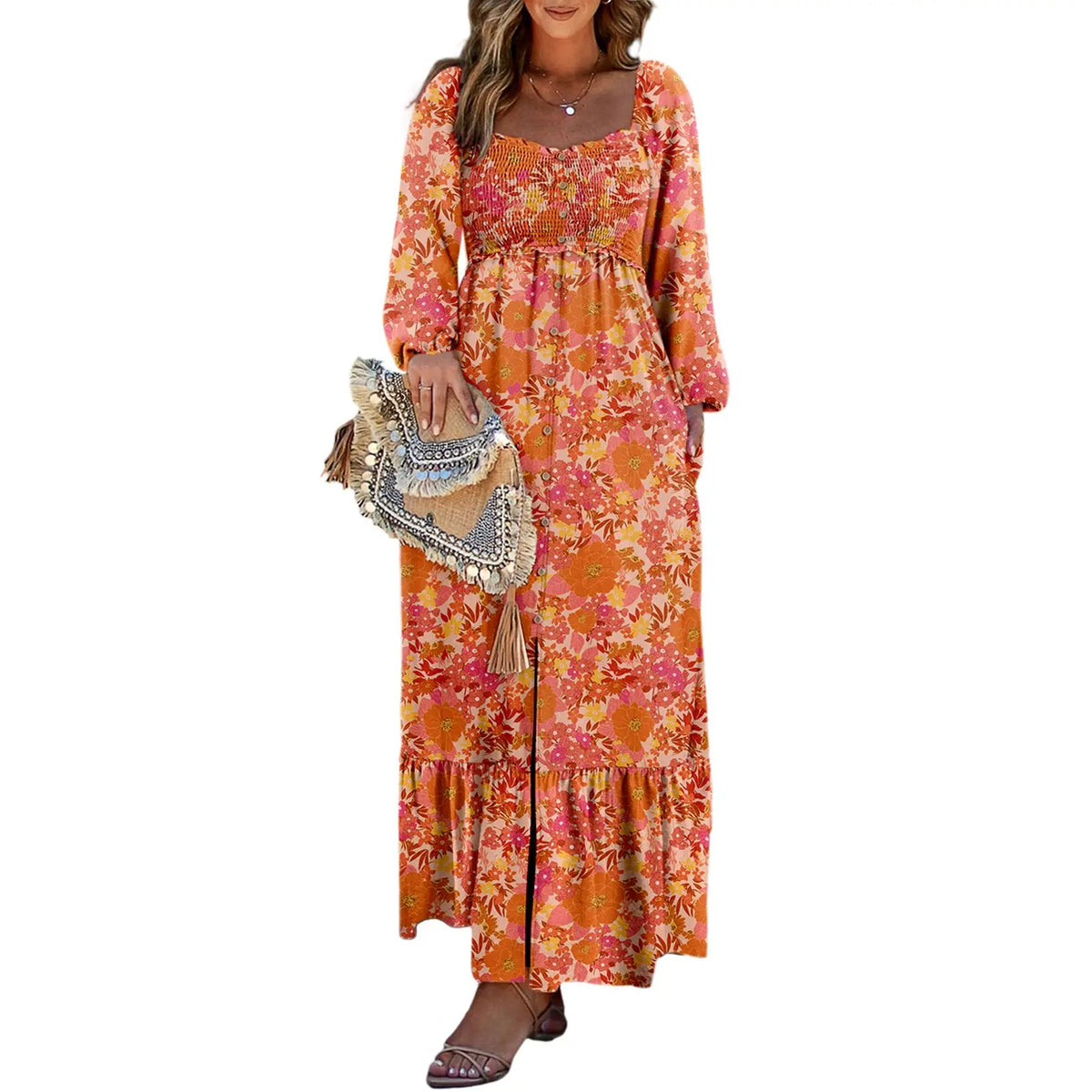Dokotoo Womens Dresses Boho Floral Smocked Empire Waist Square Neck Long Sleeve Button Maxi Dress Beach Vacation Sundresses
