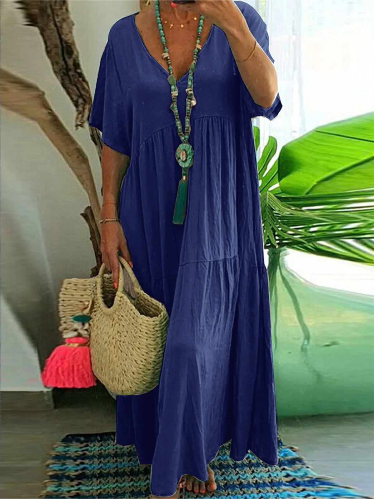 Plus Size Women's Summer Casual Loose V-Neck Plain Long Dress Bohemian Boho Style, Short Sleeve, Tiered Layer, Spring & Fall Fashion