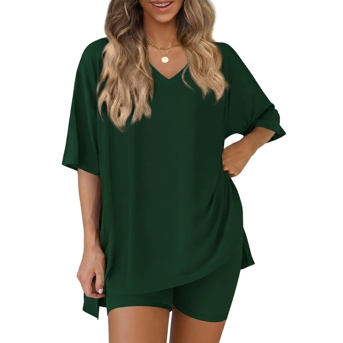 Women's 2 Piece Outfits Summer V Neck Oversized Short Sleeve T Shirt and Biker Shorts Lounge Sets Casual Activewear Tracksuits