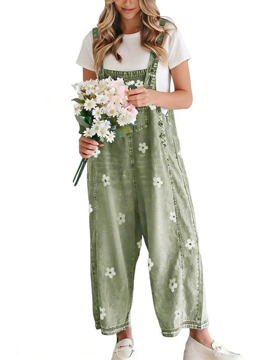 utcoco Women's Cotton Bib Overalls - Cute Floral Print Denim Jumpsuit with Baggy Wide Leg, Adjustable Straps, Vibe Fashion Apparel, Women's Fashion Back to School Clothes