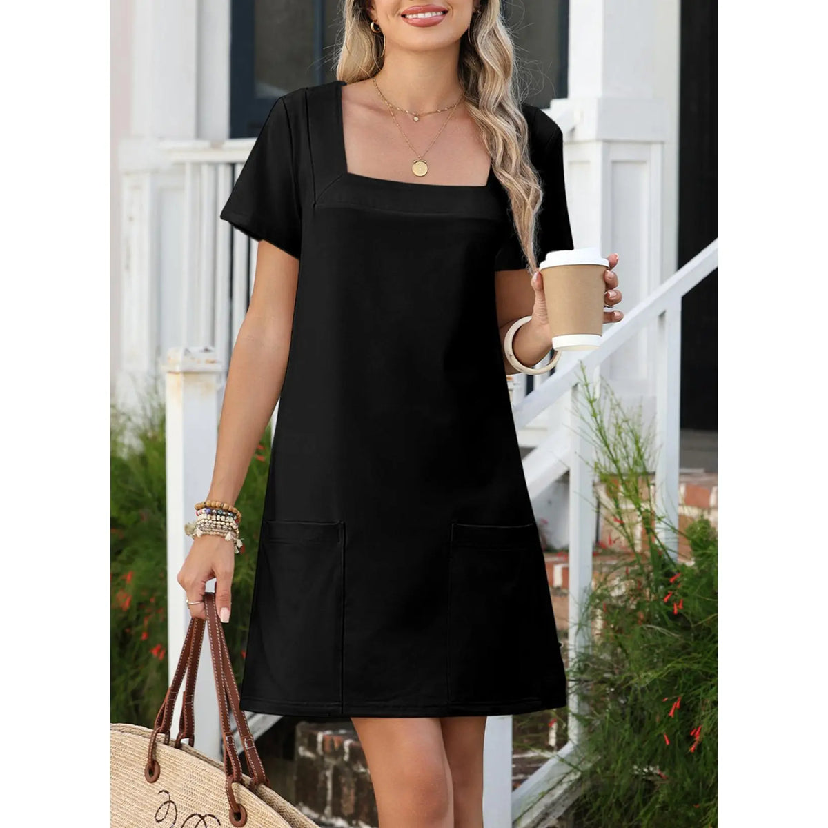 EVALESS Women's Casual Align Mini Dress - Stretchy Polyester Square Neck Shortsleeve Loose Basic Summer Outfit with Pockets, Anti-Shrink, Back to School, Women's Clothes