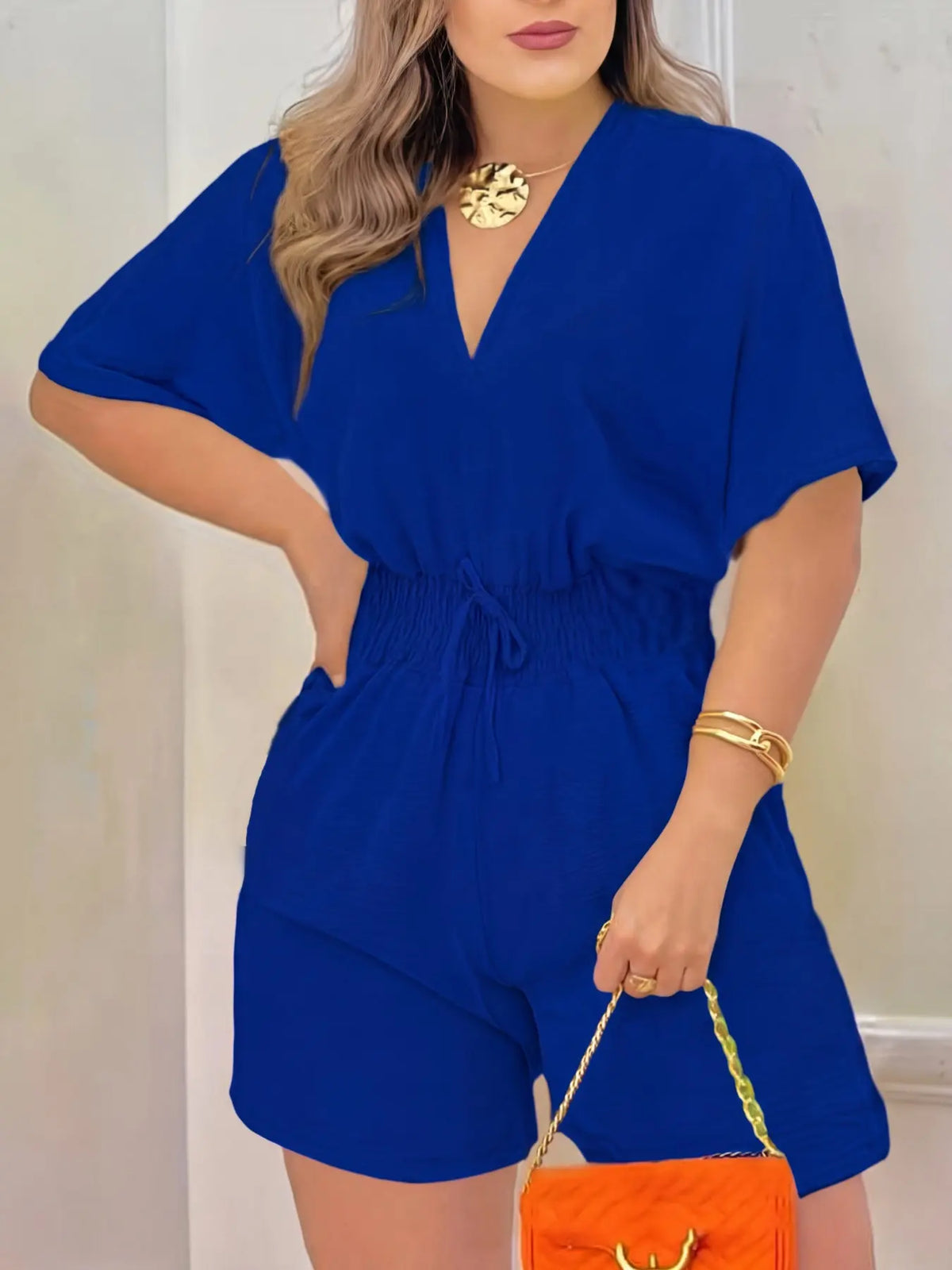 Women's Plain Drawstring Shirred Waist V Neck Romper, Casual Half Sleeve Zipper Back High Waist Romper for Summer, Fashion Women's Clothing for Daily Wear, Casual Rompers