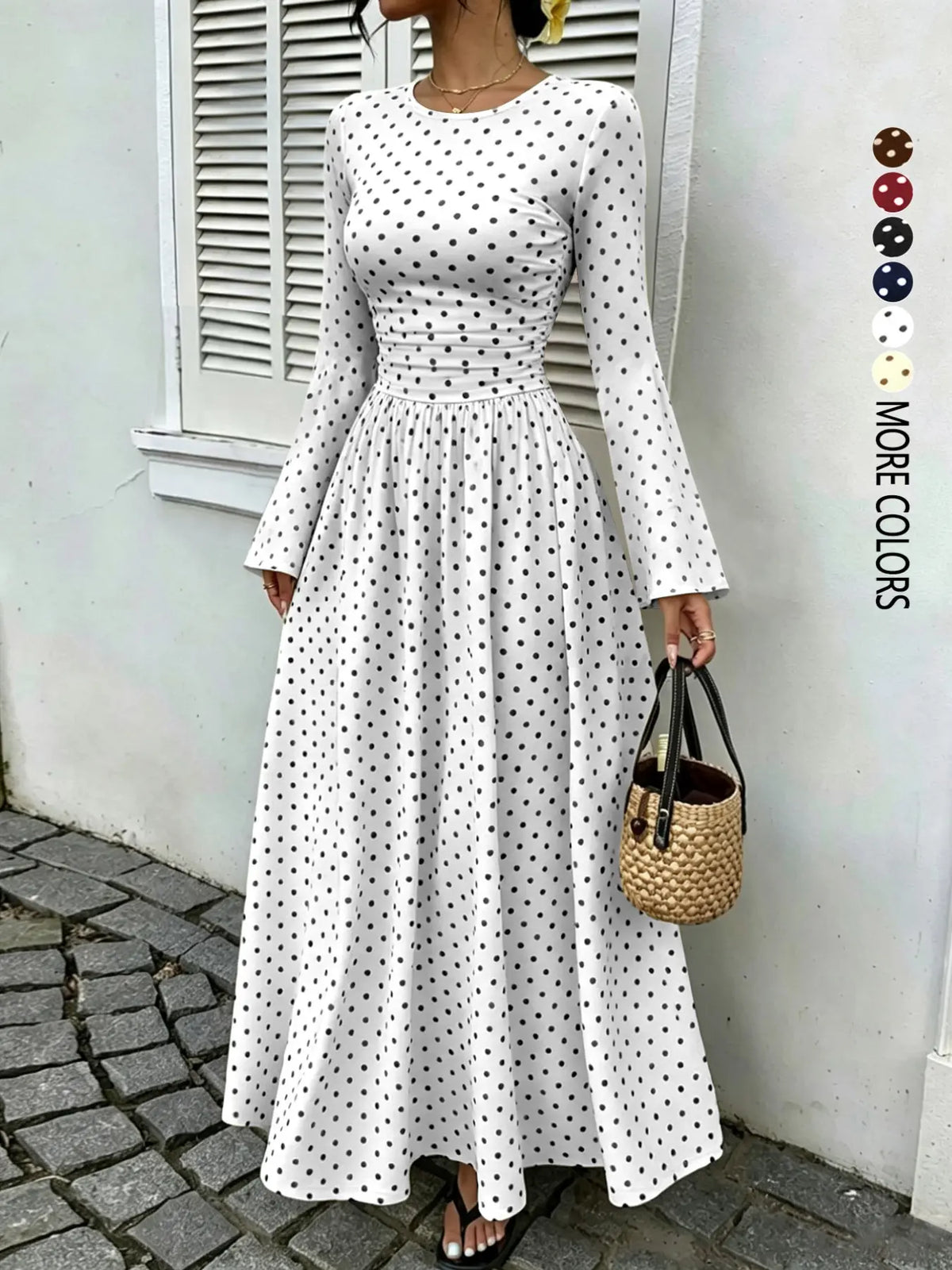 Women's Polka-Dot Fitted Long-Sleeve Maxi Dress with Flared Sleeves and Ruched Waist, Casual Dress for Daily Wear, Dates and Commuting, Brunch Dresses, Everyday