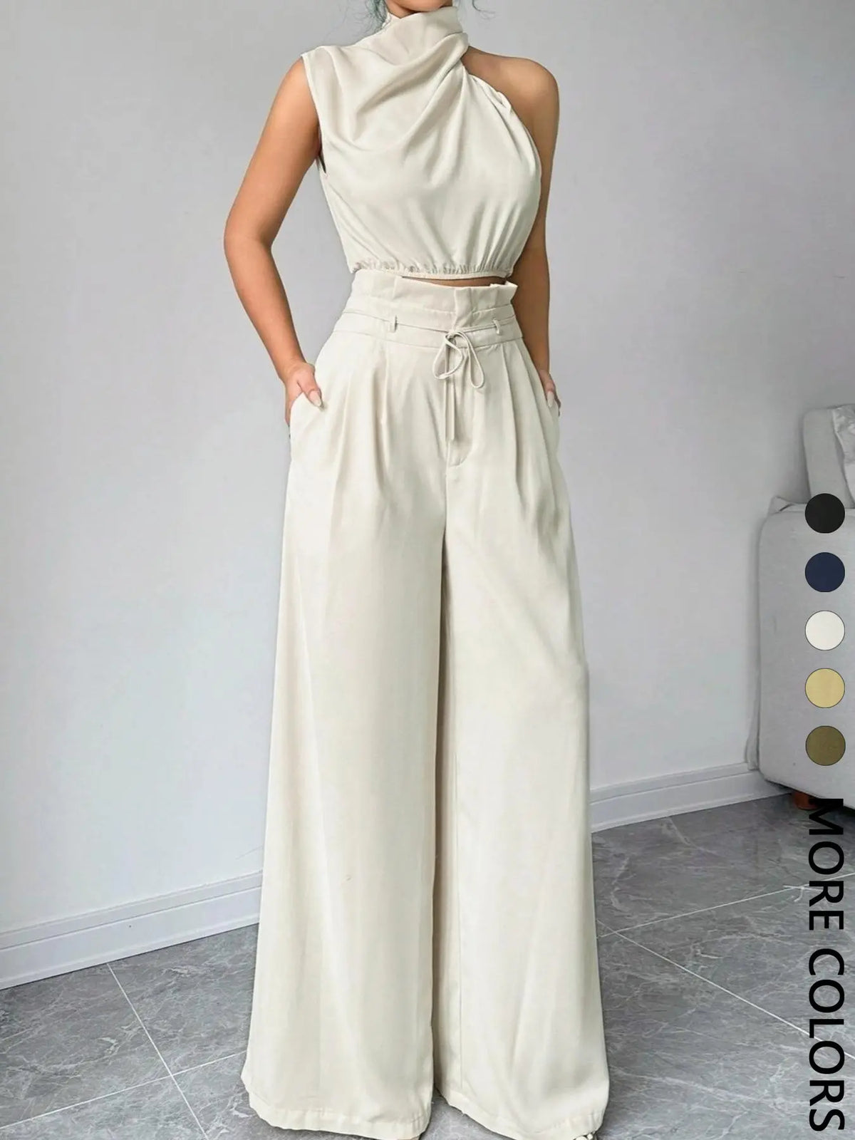Women's Elegant Asymmetric Top + Wide Leg Pants Two-Piece Set, Everyday Casual Wear, Vacation, Work Commute, Versatile