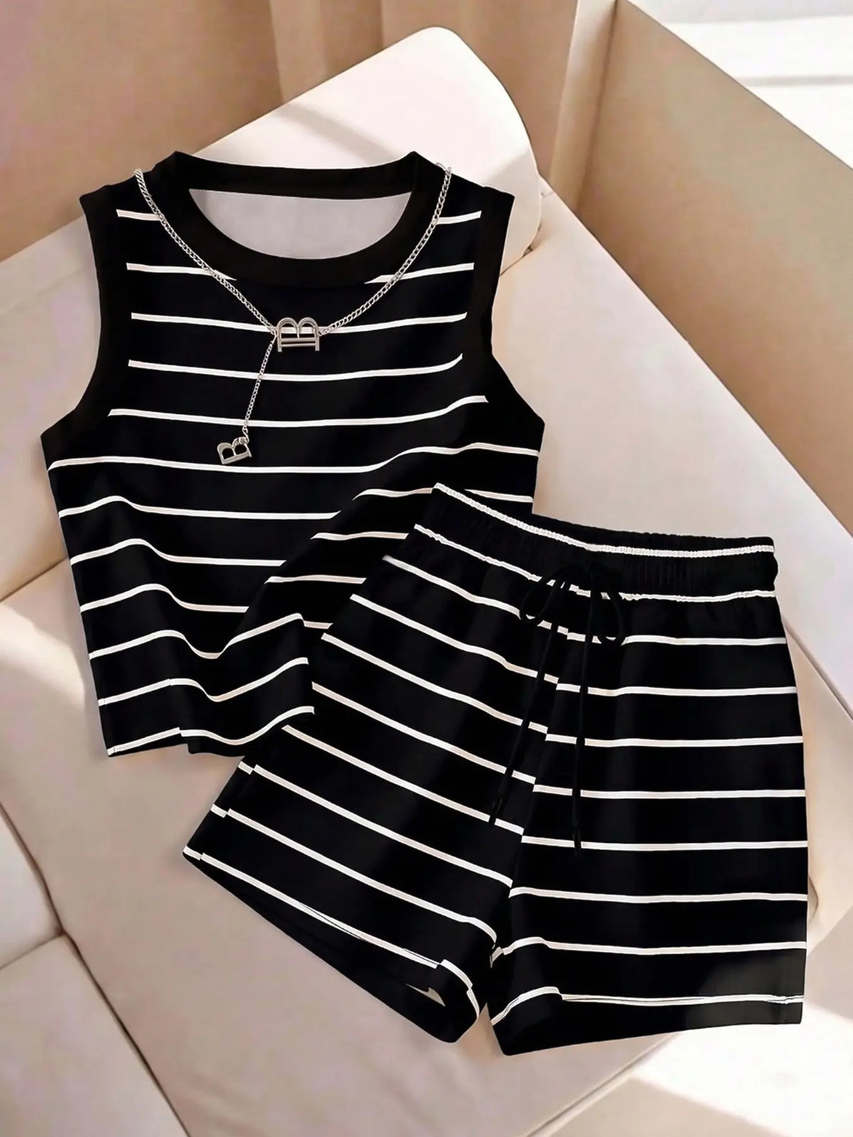 2pcs/Set Women's Striped Round Neck Tank Top And Shorts Casual 2 Pieces Set, Lightweight, Comfortable and Versatile, Perfect for Daily Wear and Relaxing Days
