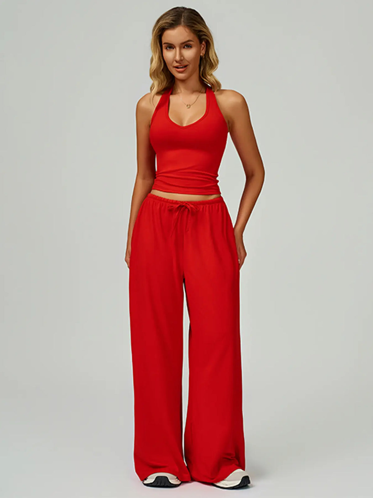Nvwaurban Women's 2-Piece Fitted Athleisure Outfits, Summer Ribbed Fabric Set with V-Neck Strappy Open-Back Top & Wide Leg Pants, Breathable Everyday Active Lounge Wear for Gym & Travel, Sports Clothing Set for Back to School