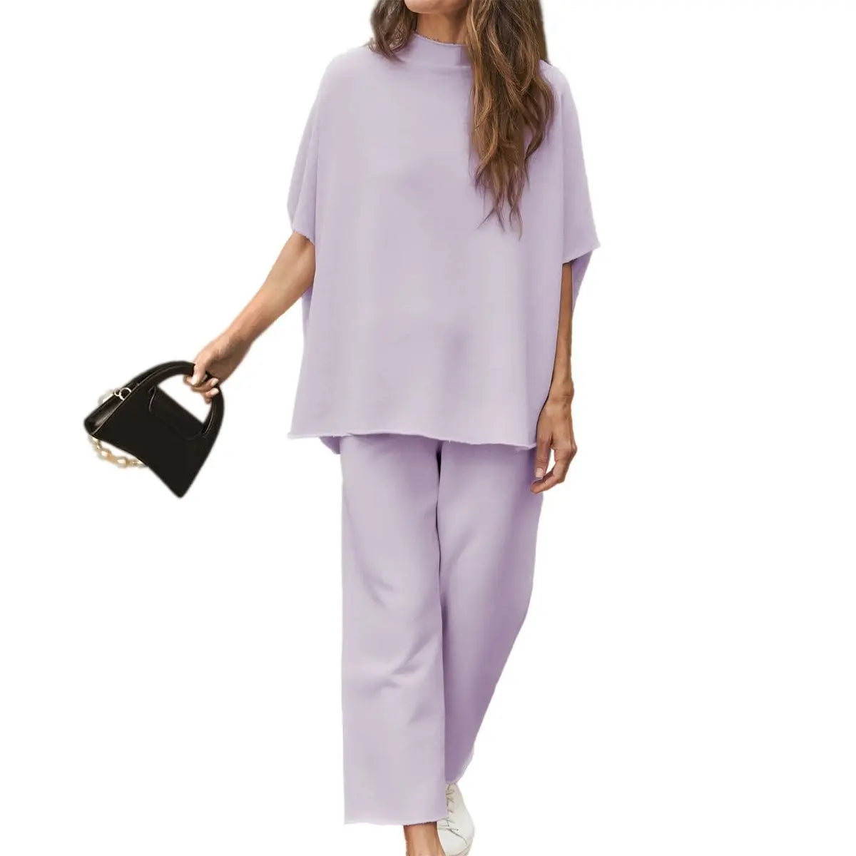 Hixiaohe Women's 2-Piece Casual Trendy Clothing Set - 3/4 Batwing Sleeve Capelet Crew Neck Pullover Top, Wide Leg Pants, Pocket Convenience, Travel-Friendly Sohochic Soft Women's Suits & Sets