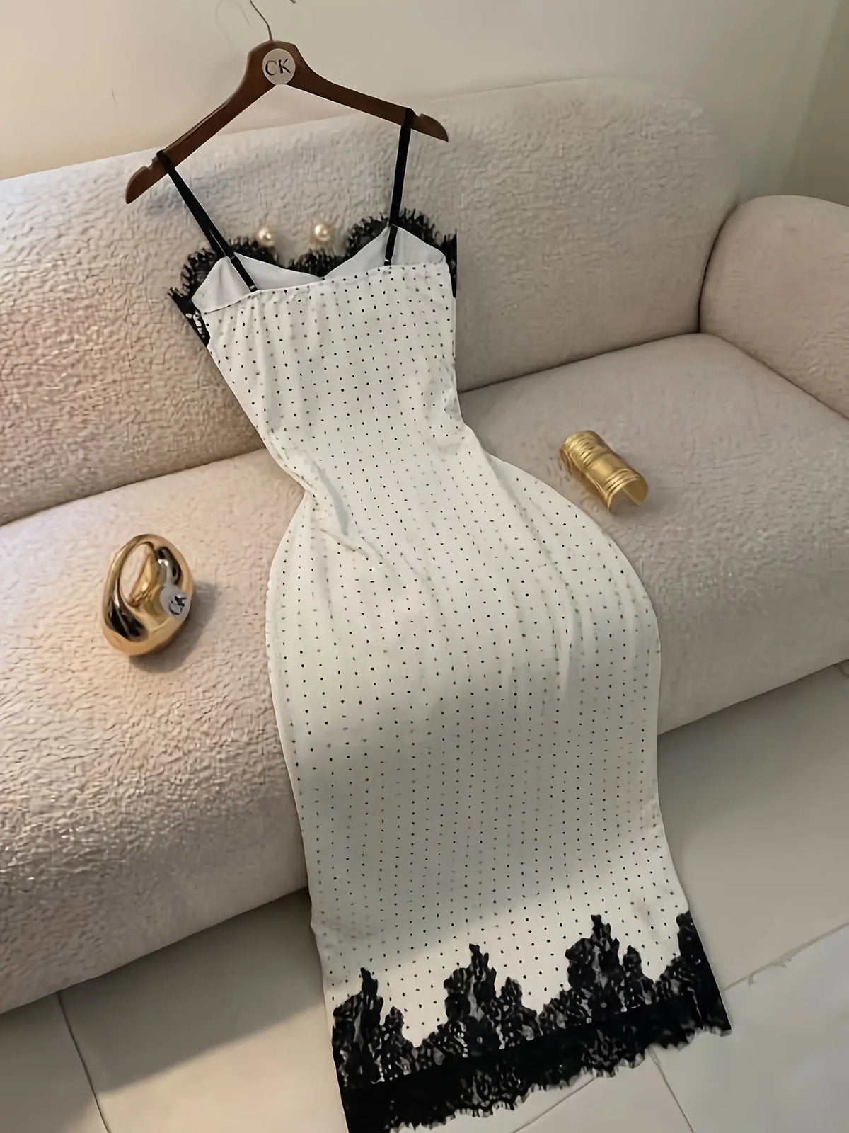 French Vintage Polka Dot Strapless Long Dress, Lace Trim V Neck, High Split Slit Design, Slimming Fit Pure Desire Style Dress, Aesthetic