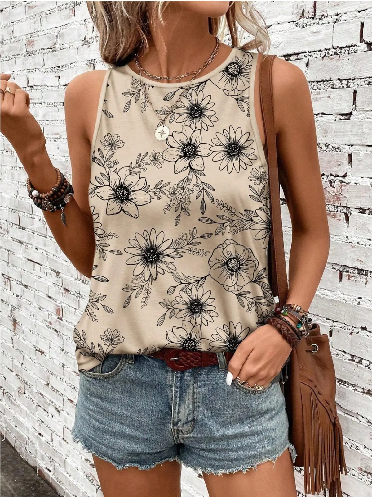 Summer Vacation Floral Print Sleeveless Round Neck Casual Top for Women, Slim-Fitting, All-over Print, Comfortable and Stylish, Boho Chic Sleeveless, Boho Casual Clothes