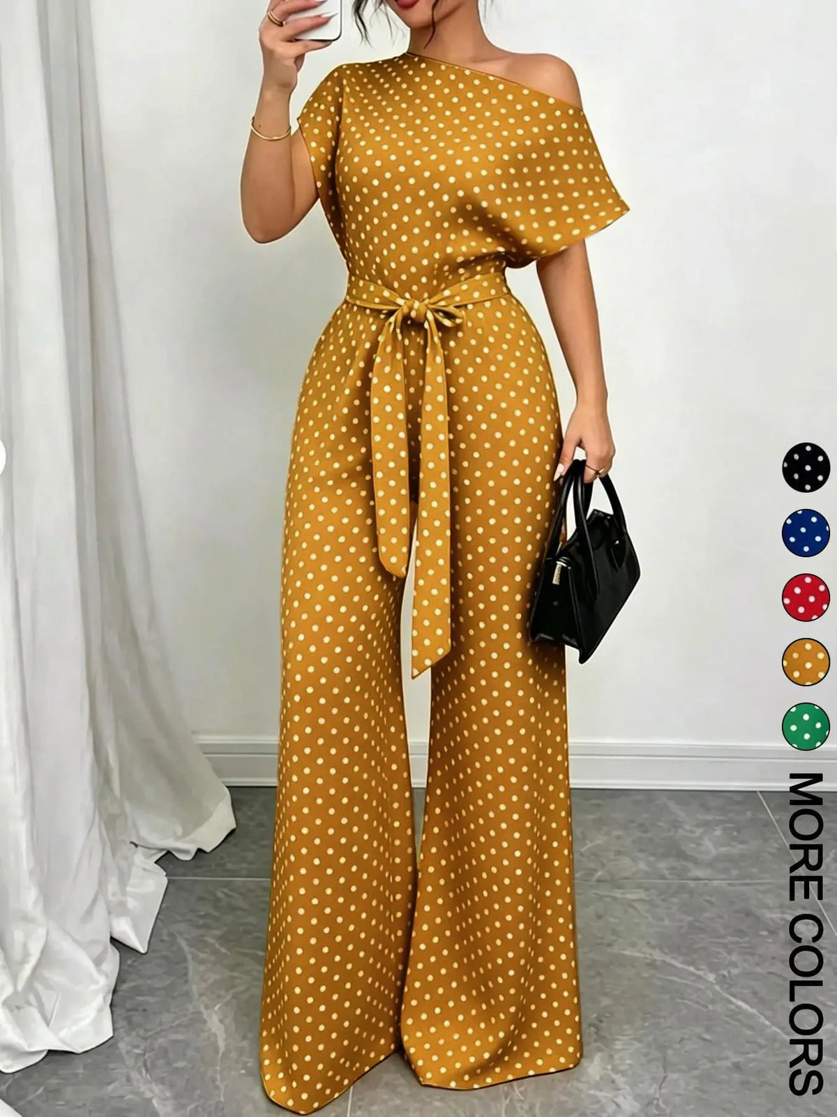 Women's Chic One Piece Jumpsuit, Asymmetrical One‑Shoulder Design, Short Sleeve Cut, Waist Tie for Flattering Silhouette, Palazzo Jumpsuits