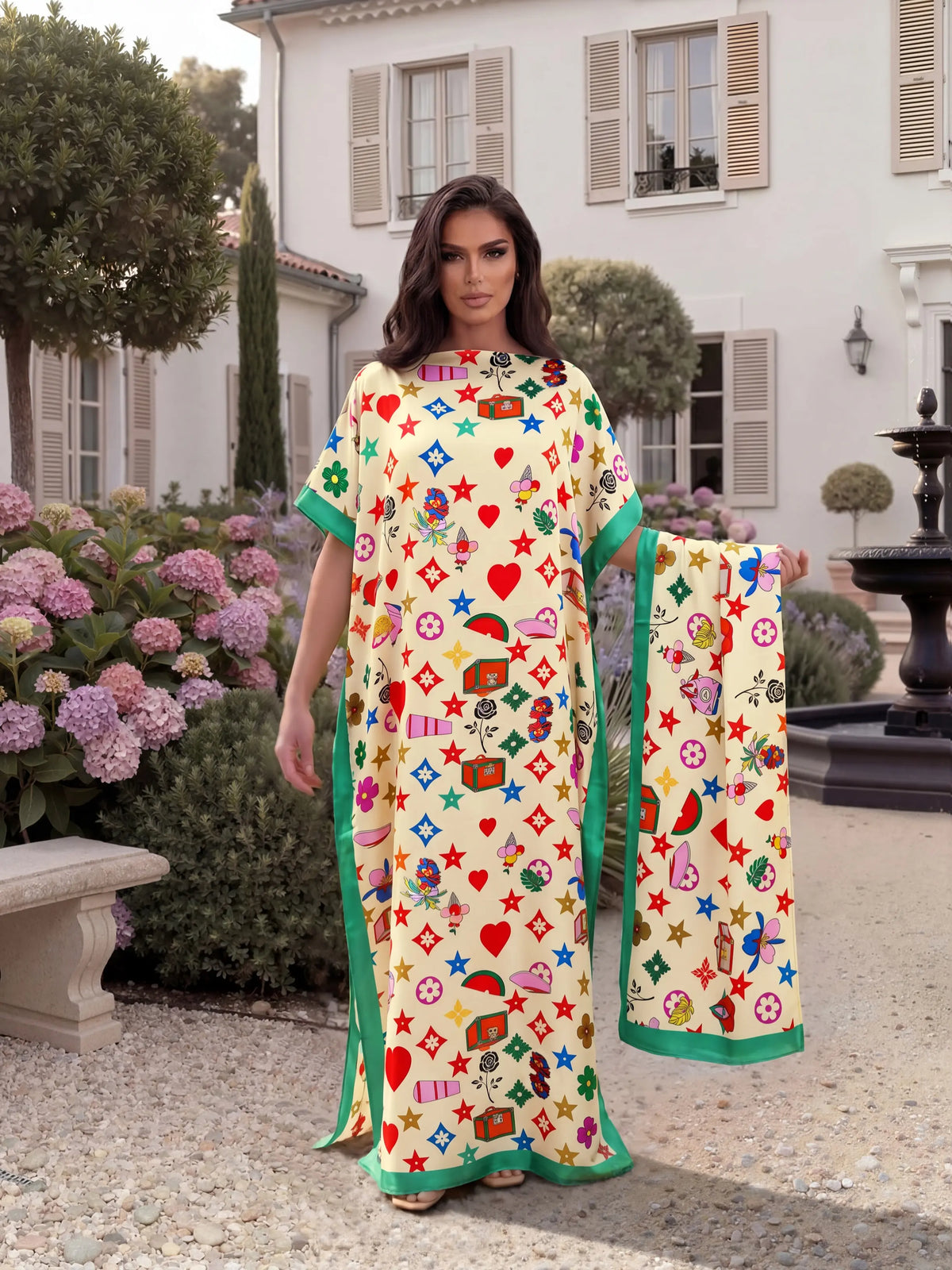 Fashionable Elegant Full-Body Print Robe Set, Moo Moo Long Dress + Headscarf Scarf, Women's Beach Sun Protection Silk Shawl, Beachy Style