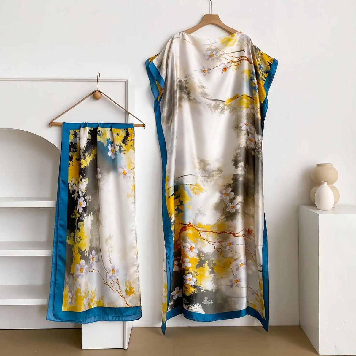 Women's 2-Piece Essential Bohemian Robe Set - Casual Matching Floral Print Long Dress, Headscarf Hairband, Beach Shawl Accessory, All-Season Boho Elegance