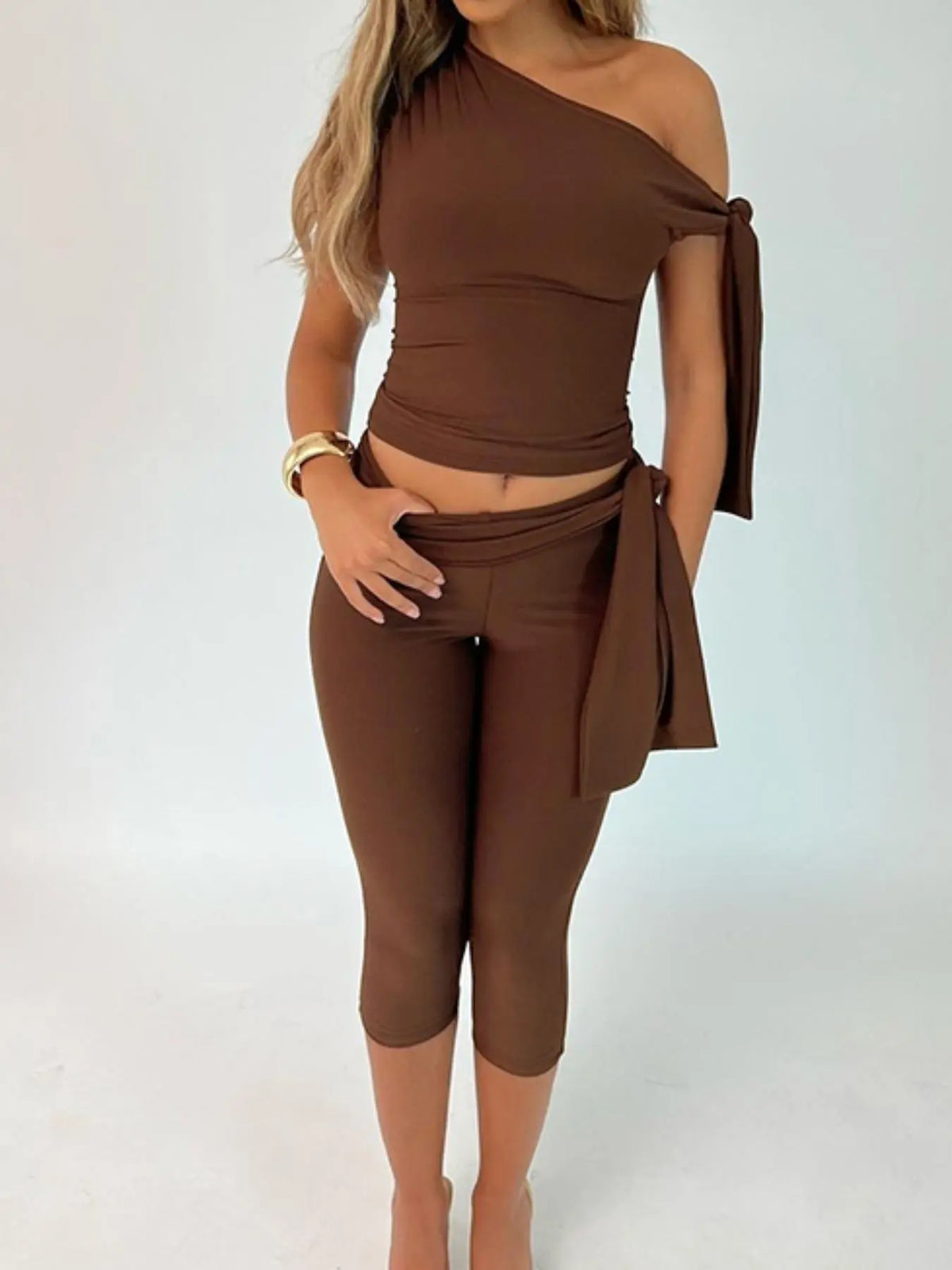 Women's Solid Asymmetrical Neck Knot Design Sleeveless Top & High-Waist Capri Pants Two-Piece Outfit, Elegant Chic Fashion Ruched Top & Skinny Trousers for Daily Outdoor Wear, Ladies' Summer Clothes