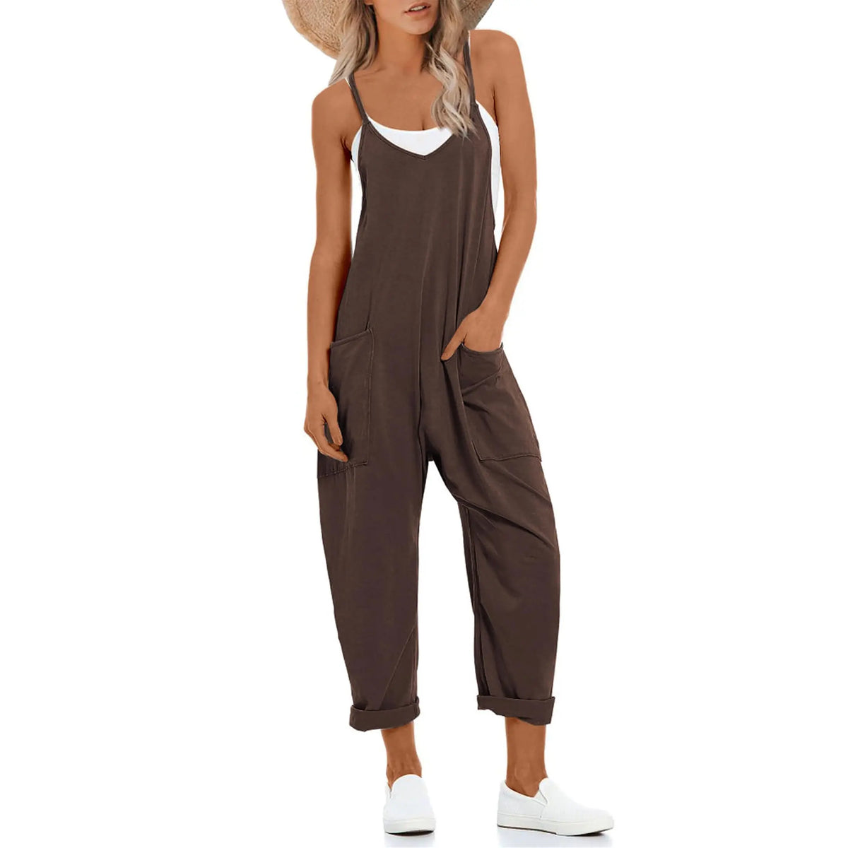 Tanming Lady's Casual Strappy V-Neck Sleeveless Harem Overalls - Stretchy Adjustable Strap Romper with Pockets, Fashion Apparel Clothing for Women, Spring-Summer Statements, Women's Clothes, Clothes For Women