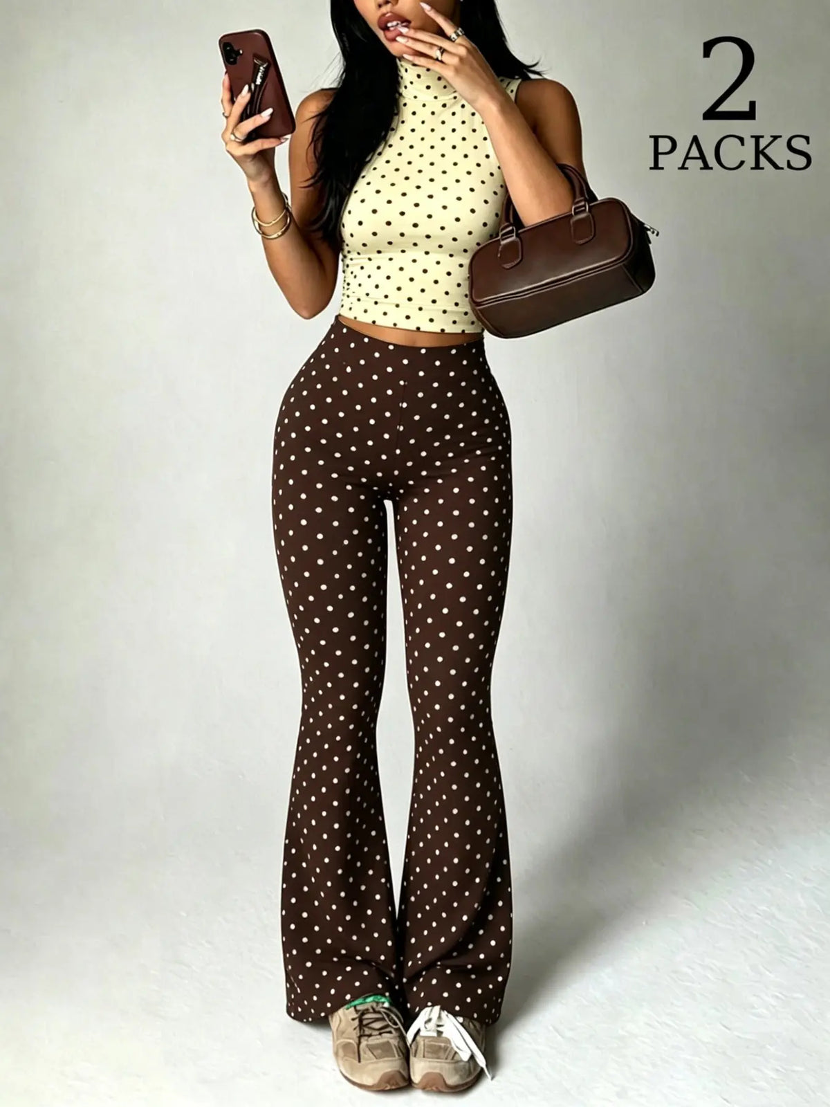 2 Pack Women Polka Dot 2 Piece Outfits, Sleeveless High Neck Crop Top and Flare Leggings Set, Seamless Bodycon Bell Bottom Pants, Trendy Summer Streetwear Outfits, Slim Fit Casual Loungewear for Daily Wear & Going Out Clothes
