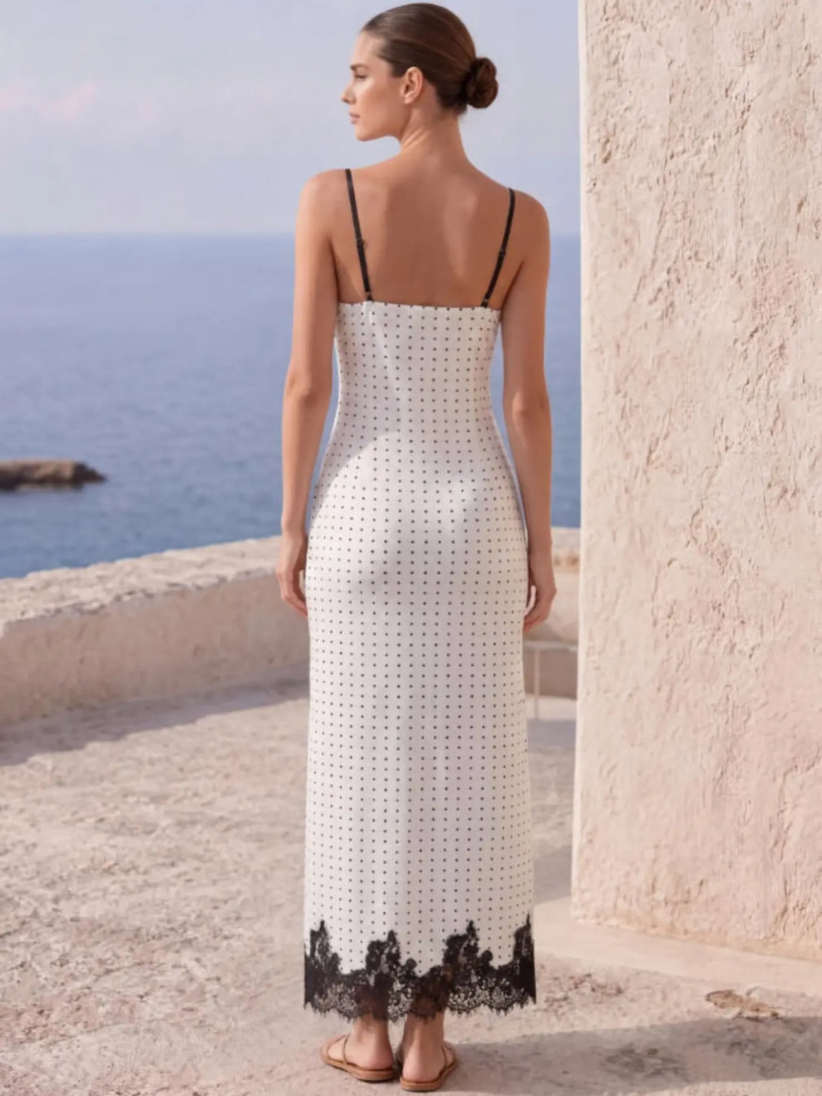 French Vintage Polka Dot Strapless Long Dress, Lace Trim V Neck, High Split Slit Design, Slimming Fit Pure Desire Style Dress, Aesthetic