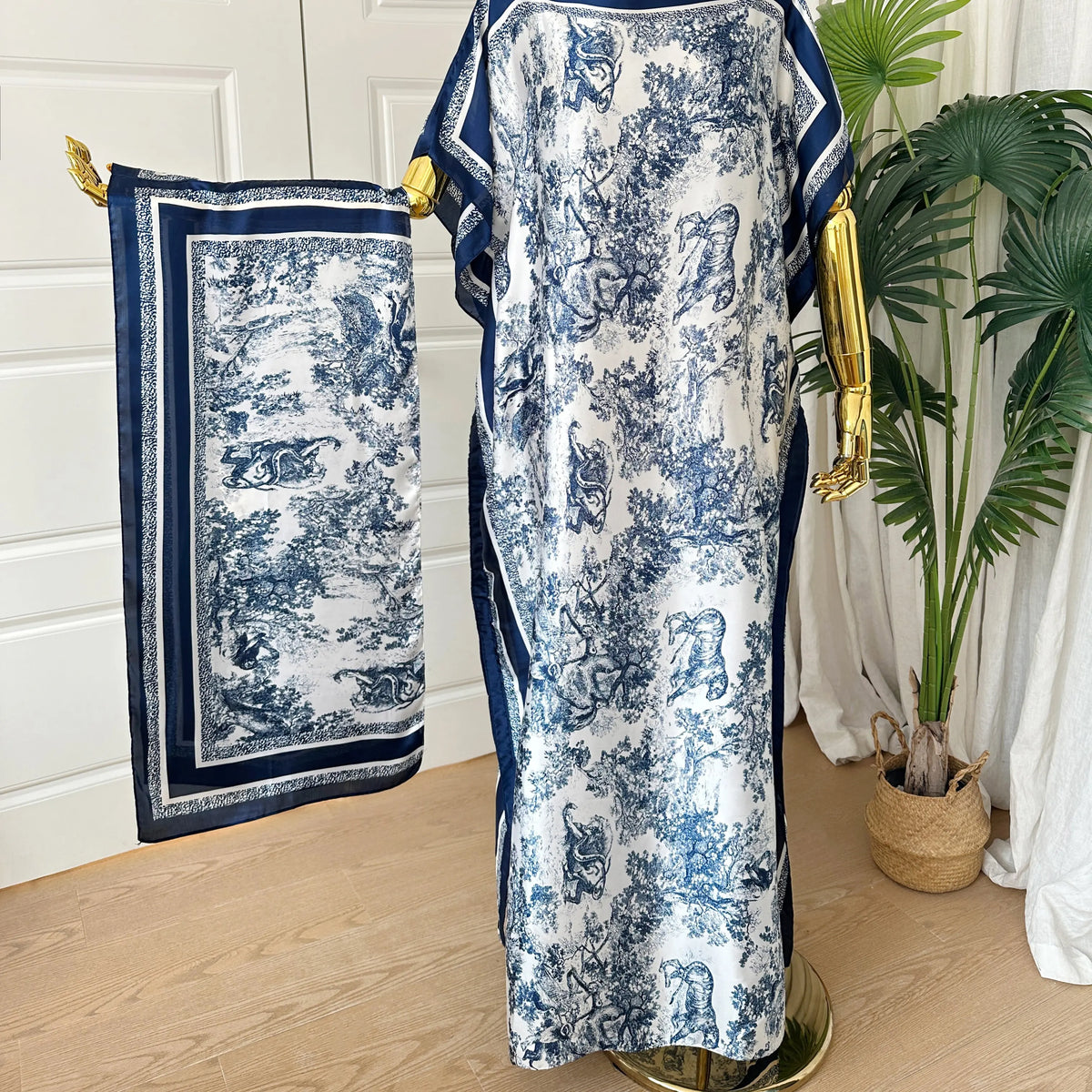 Women's Short-Sleeve Casual Navy & Red Floral Line Art Silky Modest Maxi Bubu Dress Set, Trendy Clothes for Women, Stylish Maxi Dresses