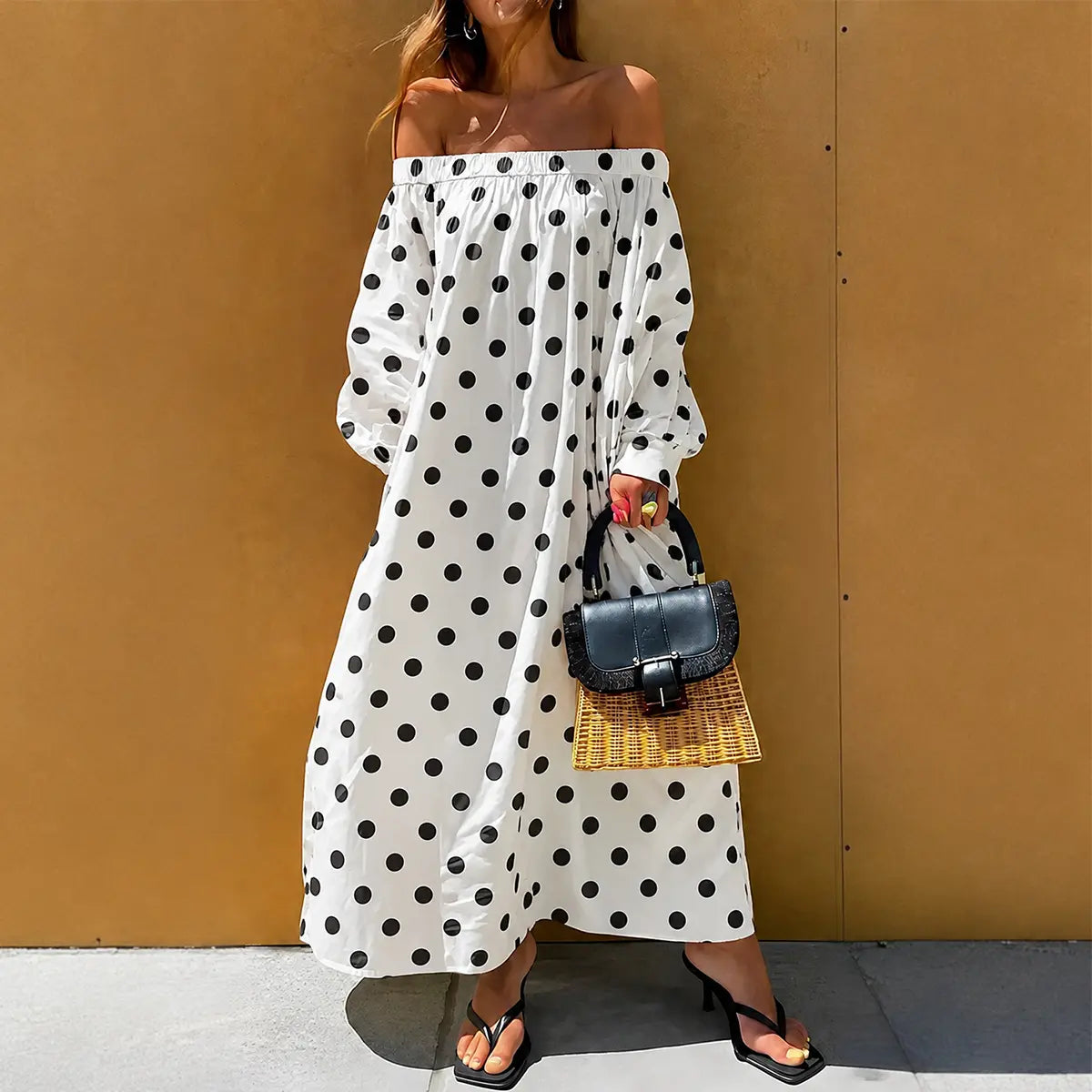 Florboom Women's Off Shoulder  Polka Dot Maxi Dress, Summer Causual Dress with Pockets for Vacation, Parties, and Beach,Summervibes Womenswear
