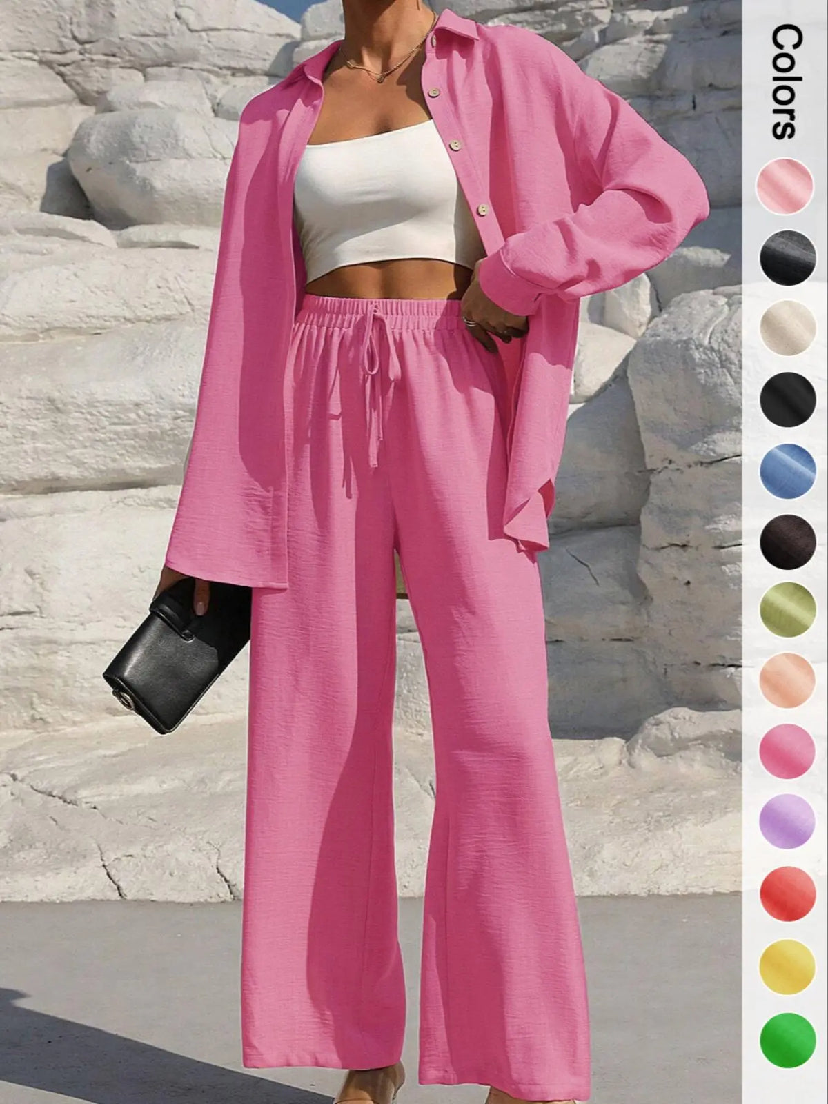 Women's Solid Button Front Shirt & Tie Front Wide Leg Pants Two-piece Set, Casual Drop Shoulder Long Sleeve Top & Trousers 2 Piece Set for Spring & Fall, Women's Clothes for Daily Wear, Casual Outfits Women, Casual Everyday Set