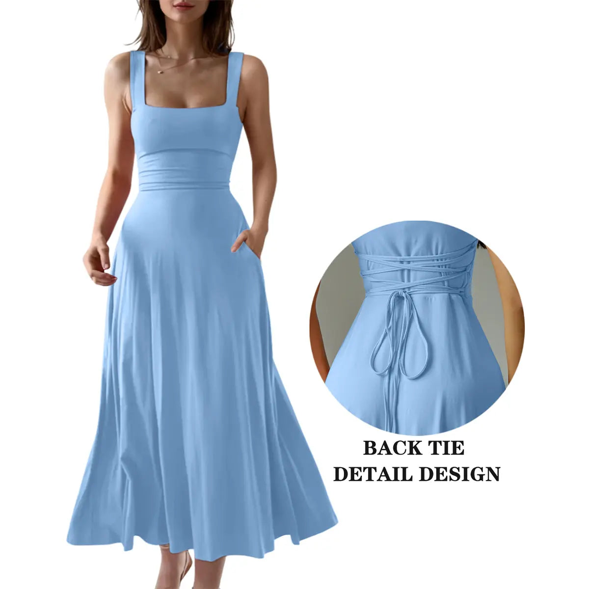 OYS Women's Casual Sleeveless Square Neck A-Line Solid Slim Flowy Long Dress with Pockets & Back Tie Detail Design