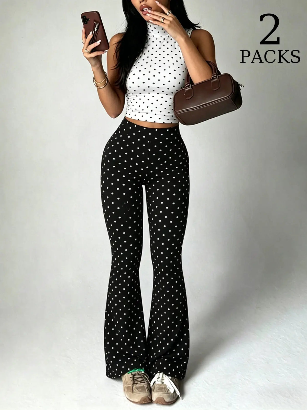 2 Pack Women Polka Dot 2 Piece Outfits, Sleeveless High Neck Crop Top and Flare Leggings Set, Seamless Bodycon Bell Bottom Pants, Trendy Summer Streetwear Outfits, Slim Fit Casual Loungewear for Daily Wear & Going Out Clothes