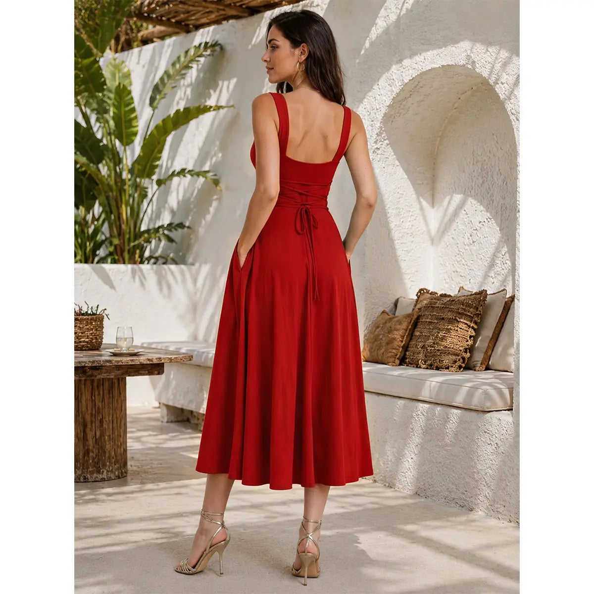 OYS Women's Casual Sleeveless Square Neck A-Line Solid Slim Flowy Long Dress with Pockets & Back Tie Detail Design