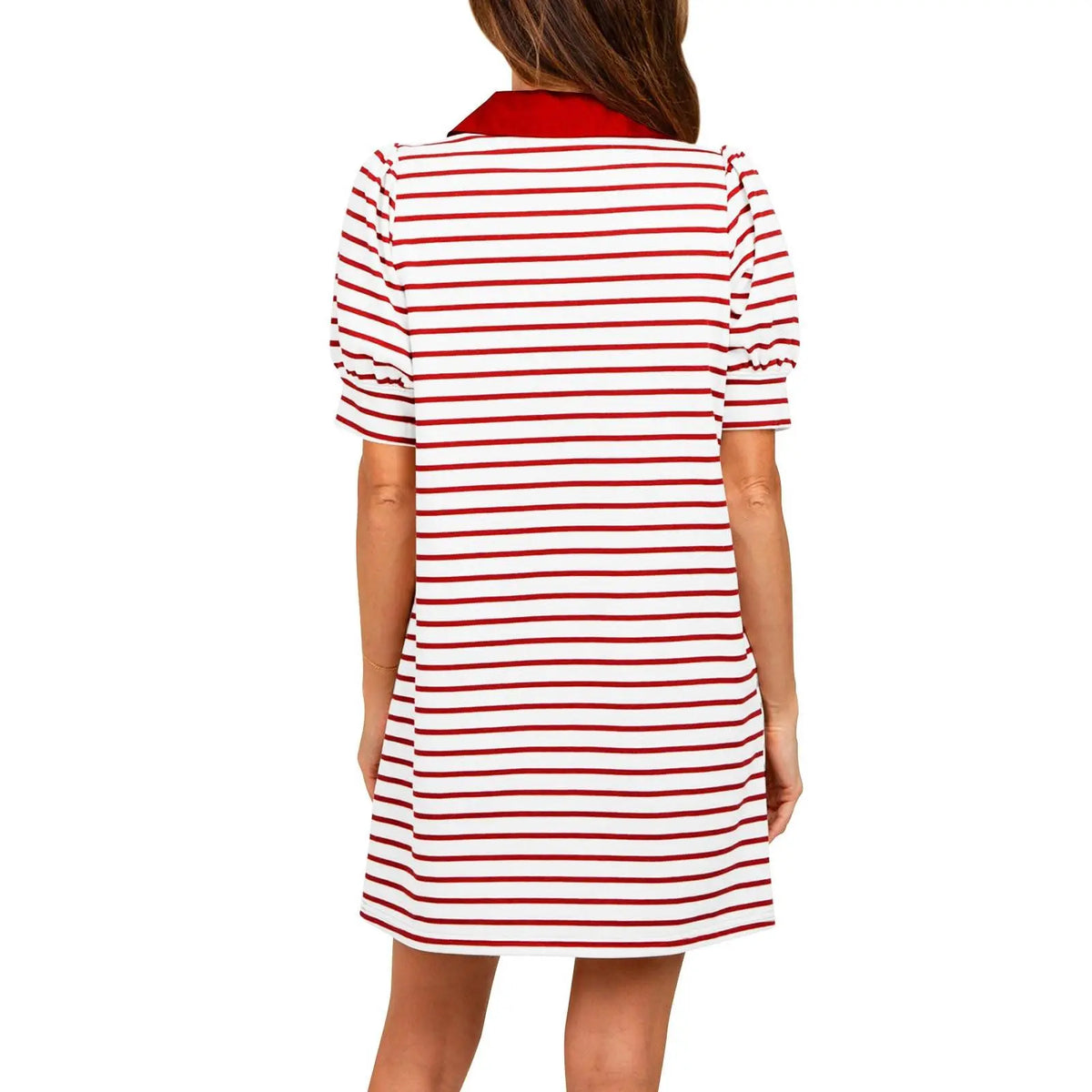 Imily Bela Women's Summer Lapel Collared V Neck Striped Dress Casual Puff Short Sleeve Polo Tshirt Dresses with Pockets