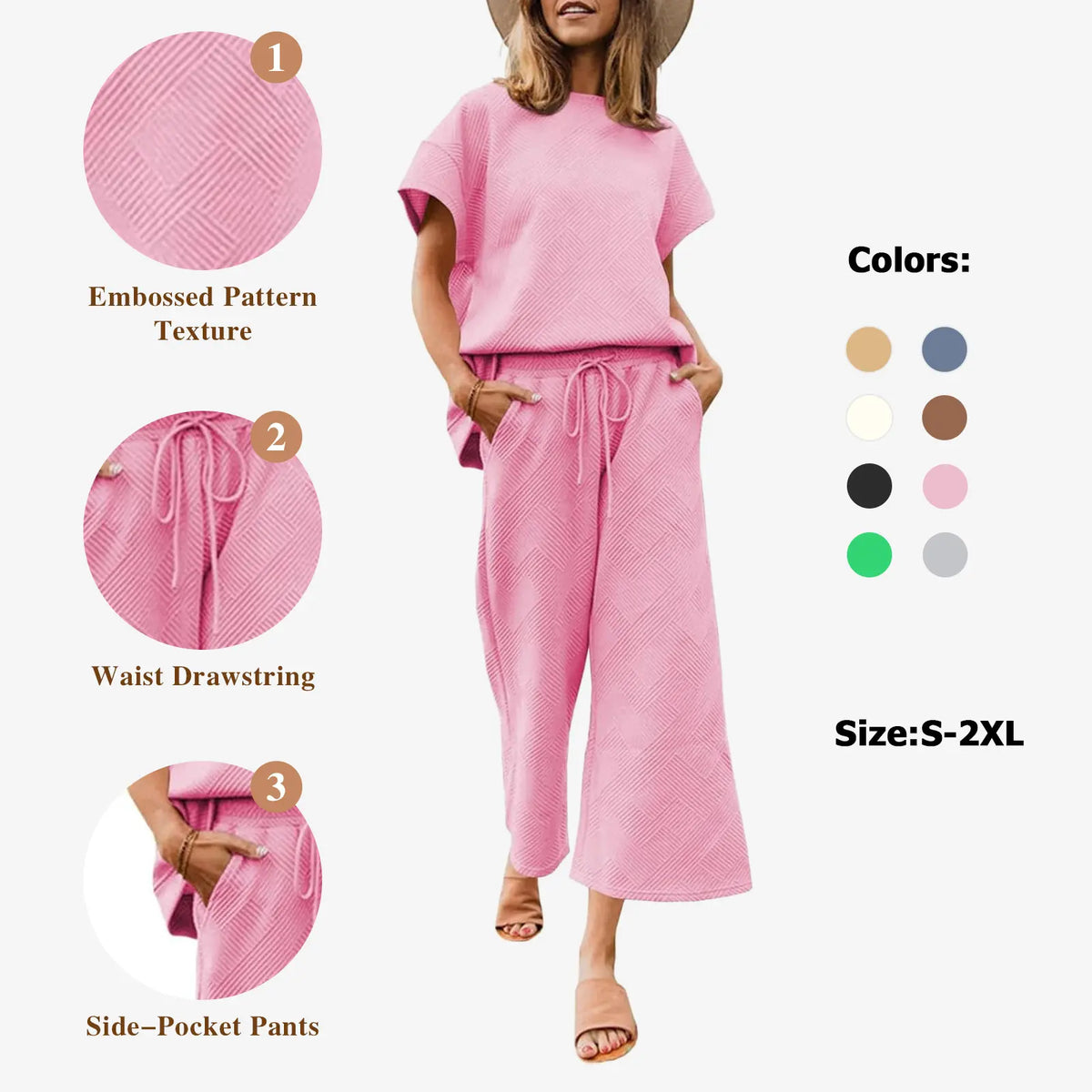 FISOEW Women's 2-Piece Basic Matching Set - Soft Cozy Textured Casual Loungewear Nightwear, Short Sleeve Top & Drawstring Cropped Wide Leg Pants (Women's Clothes)