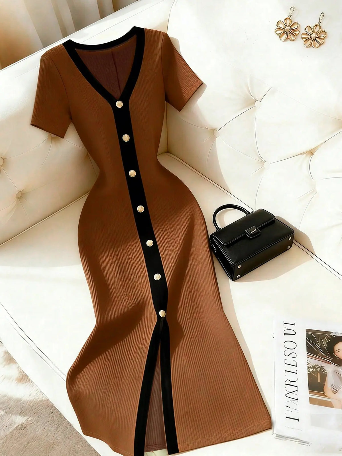 Elegant Knit Dress, Chic, Knitted, Short Sleeve Long Dress, Solid Color, Slim Fit, High Waist, French Style, Casual Wear, Office Wear, Date Night, Tea Time, Pear Shape