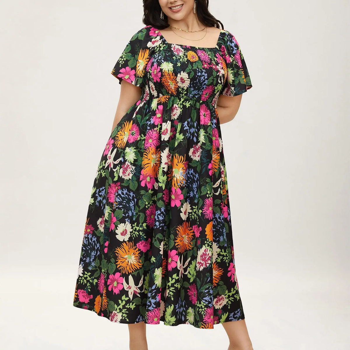 BloomChic Plus Size Women's Bohemian Boho Fashion Casual Dress - Square Neck, Short Ruffle Sleeves, Shirred Waist, Low-Iron Spandex-Elastane-Polyester Fabric, Summer Midi Dress