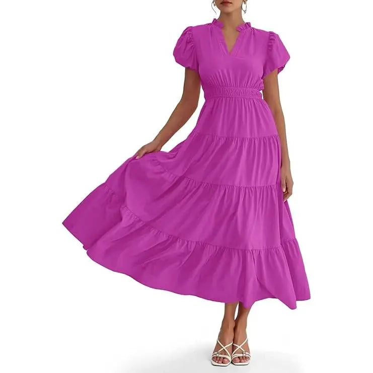 Wenrine Women's Woven Casual Summer Dress - Deep V-Neck, Puff Short-Sleeves, Elastic, Comfortable, Flowy Tiered A-Line Midi, Beach Wear