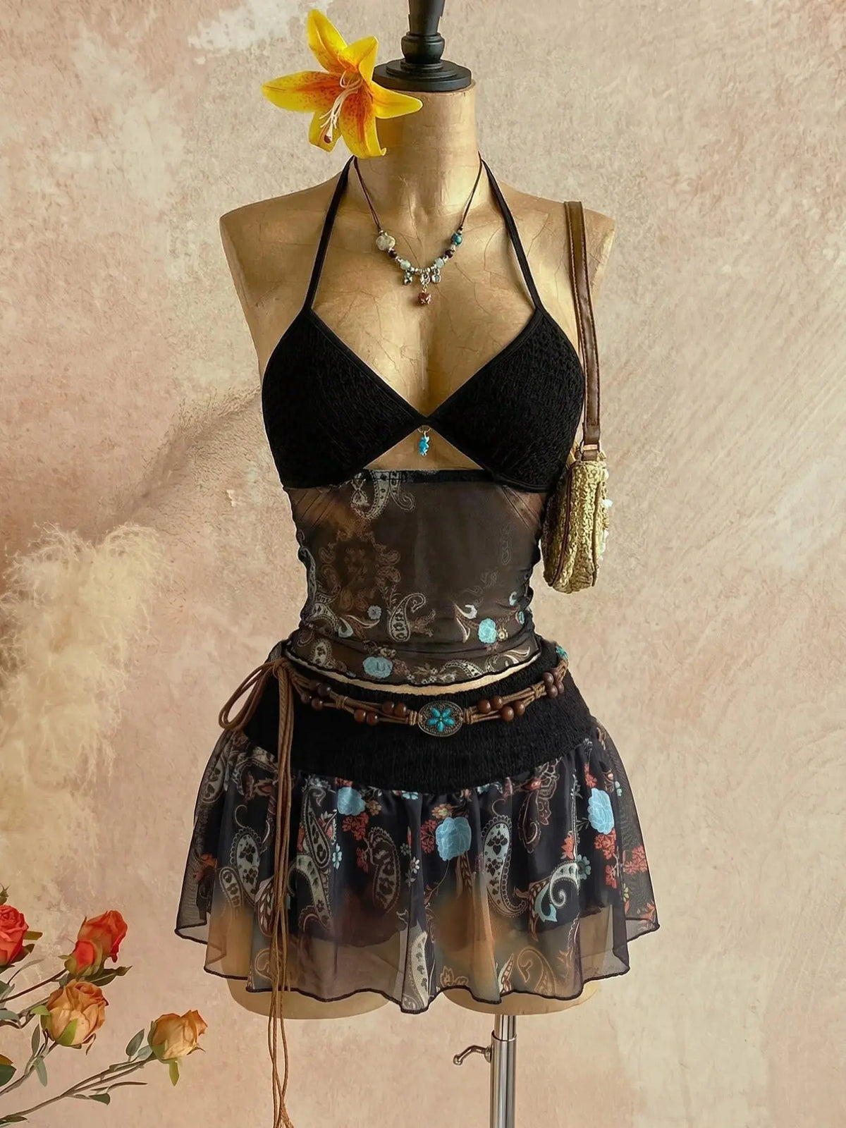 Women's Retro Vintage Paisley Print Crochet Two-Piece Set, Bohemian Boho Halter Crop Top & Ruffled Midi Skirt with Mesh Detail, Y2K Ethnic Style, for Casual, Vacation & Date, Spring/Summer/Fall