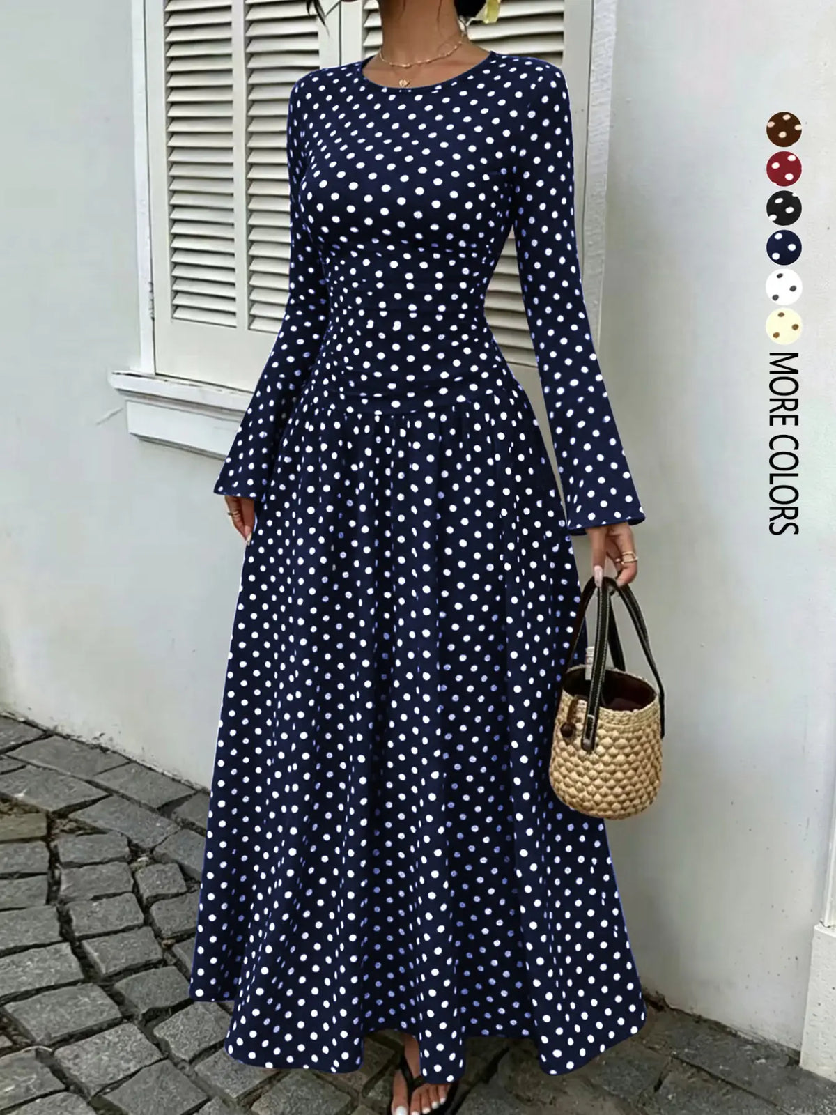 Women's Polka-Dot Fitted Long-Sleeve Maxi Dress with Flared Sleeves and Ruched Waist, Casual Dress for Daily Wear, Dates and Commuting, Brunch Dresses, Everyday