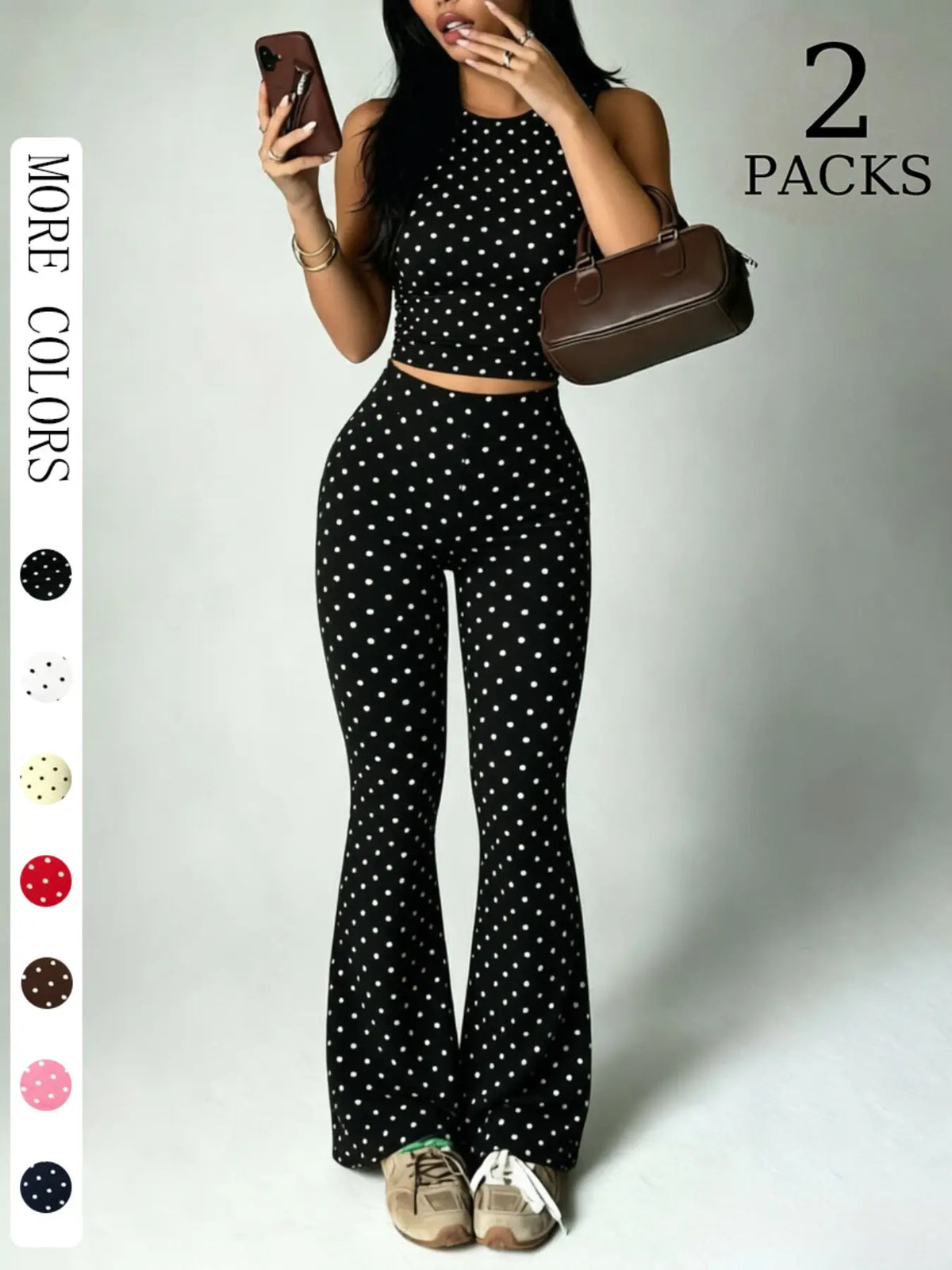 2 Pack Women Polka Dot 2 Piece Outfits, Sleeveless High Neck Crop Top and Flare Leggings Set, Seamless Bodycon Bell Bottom Pants, Trendy Summer Streetwear Outfits, Slim Fit Casual Loungewear for Daily Wear & Going Out Clothes