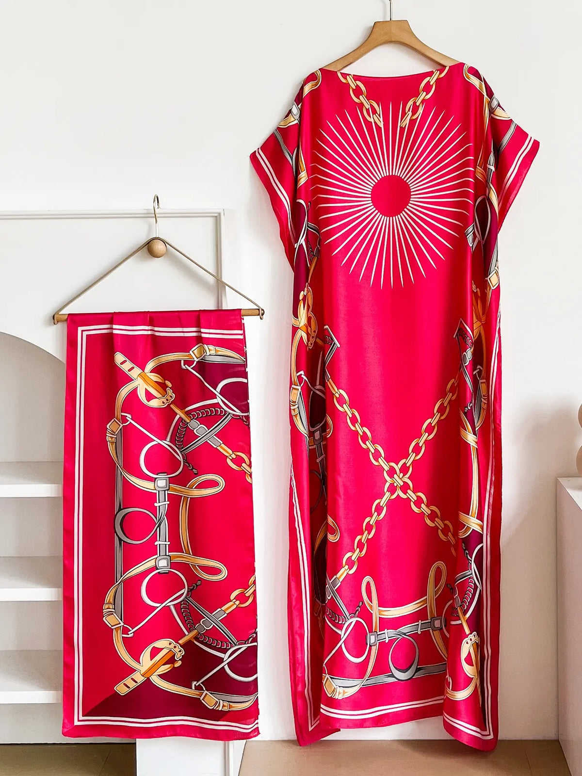 Elegant Dopamine Color Set, Boho Summer Chain Print Muumuu Long Dress Robe, Women's Sun Protection Satin Scarf Shawl