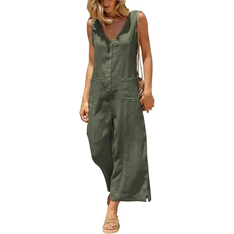UANEO Women Cotton Linen Jumpsuits Button Down Solid Sleeveless Casual Wide Leg Rompers with Back Tie Adjustable Waist Loose Fit Overall Pockets Summer Fall Womenswear Minimalist Style
