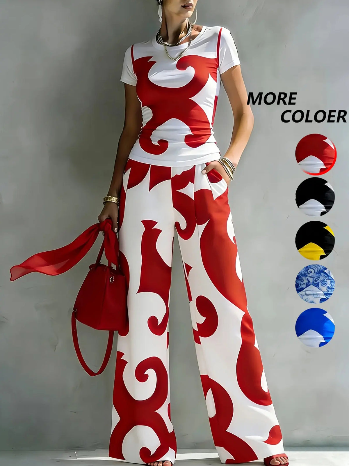 Women's Casual Two-Piece Set, Round Neck T-Shirt with Geometric Random Print, High-Waisted Pocket Wide Leg Pants, Urban Leisure, Matching, Casual Everyday Set