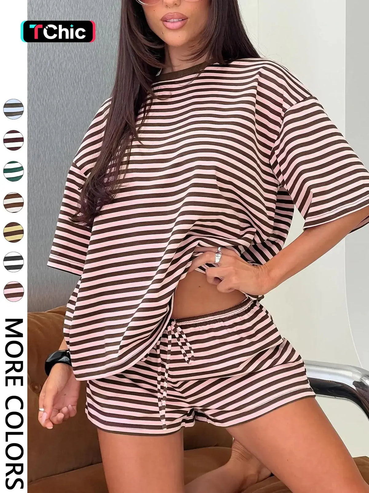 Women's Striped 2 Piece Outfit Women | Oversized T-Shirt + Drawstring Shorts | Soft Casual Lounge Set | Y2K Clean Girl Style for Daily Home Vacation Wear Shorts Matching Set