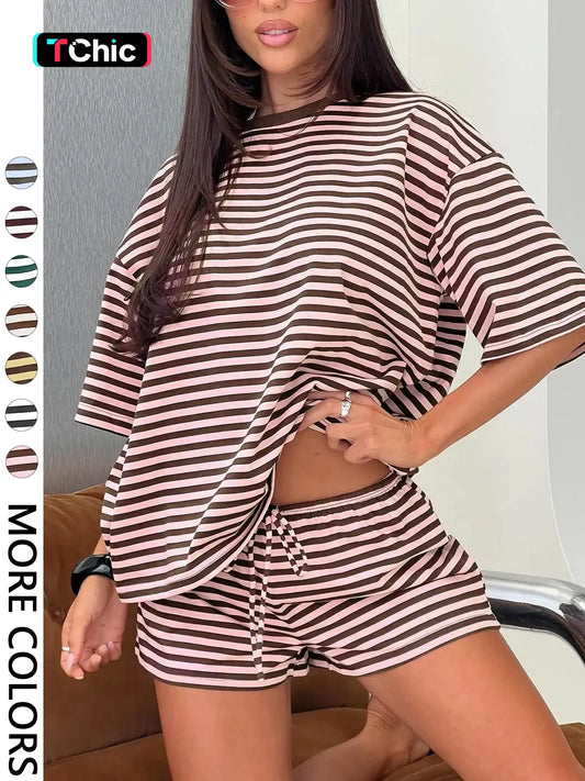 Women's Striped 2 Piece Outfit Women | Oversized T-Shirt + Drawstring Shorts | Soft Casual Lounge Set | Y2K Clean Girl Style for Daily Home Vacation Wear Shorts Matching Set