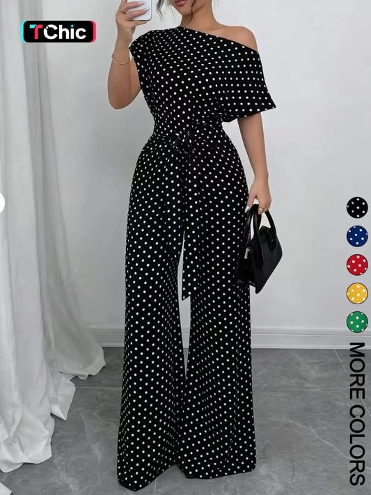 Women's Chic One Piece Jumpsuit, Asymmetrical One‑Shoulder Design, Short Sleeve Cut, Waist Tie for Flattering Silhouette, Palazzo Jumpsuits