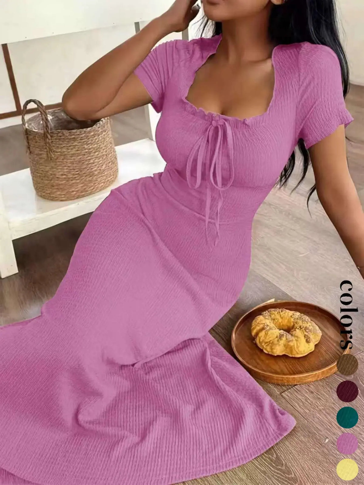 Women's Casual Long Dress Ruched, Slim Fit Short Sleeves Square Neckline Plain Design Basic Summer Dresses, Perfect for Daily Wear & Stylish, Ideal Gift Choice Womenswear Lady, Piece