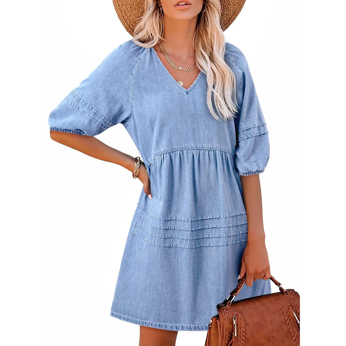 Dokotoo Denim Dress for Women Casual V Neck Puff Short Sleeve Mini Jean Dress Cute Back Tie Summer Dresses