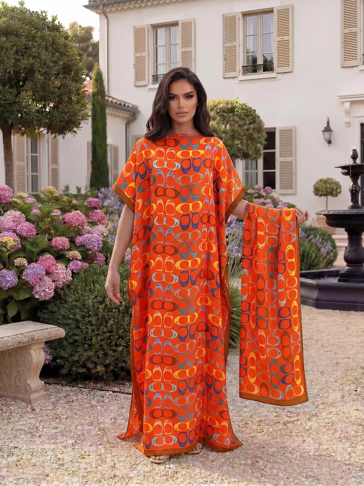 Women's Elegant Chic Geometric Print Robe Set, Casual Fitted Long Dress & Scarf, Beach Resort Wear Sun Protection Satin Matching Set Shawl
