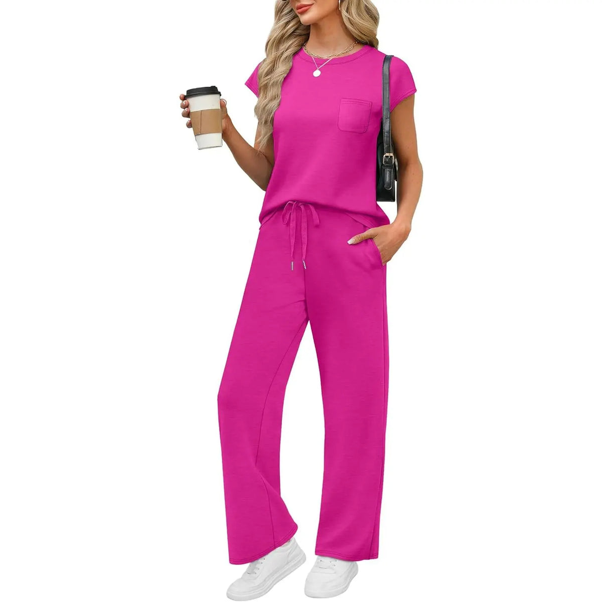 OFEEFAN Womenswear 2 Piece Sets for Women Casual Summer Travel Vacation Outfits Cap Sleeve Lounge Set Chic Crewneck Soft Silky Breathable Clothes