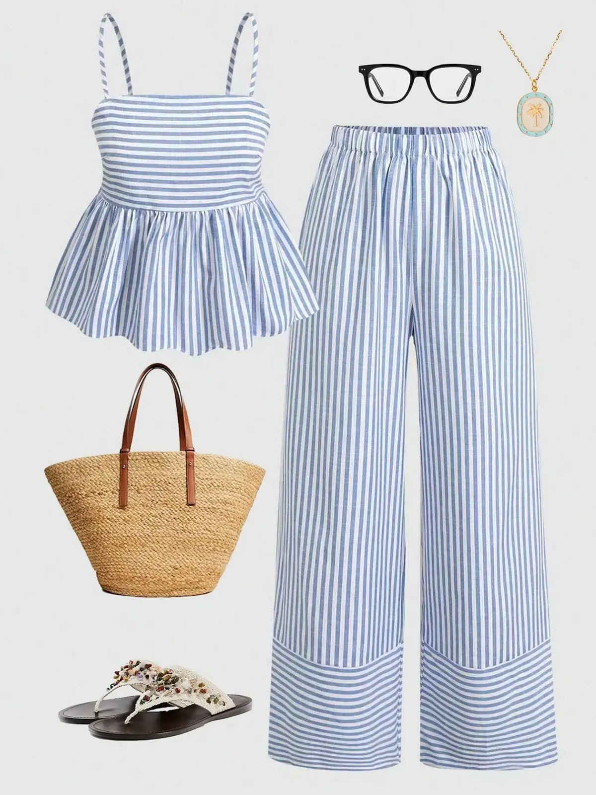 2 Piece Summer Blue Striped Set Tank Top + Wide Leg Pants, Casual Vacation, summer matching sets, College Style Two-Piece Set, Loose-Fitting Pants Set Outfit